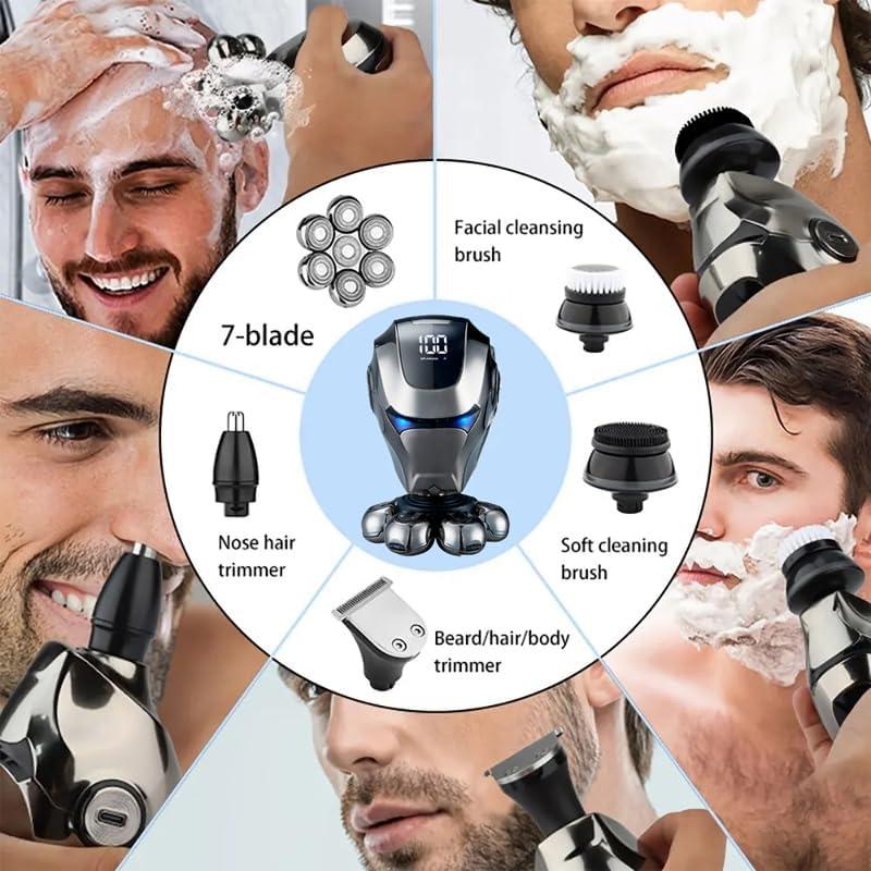 7D Electric Head Shaver for Bald Men, Upgrade 9-in-1 Floating Head Shaver with Nose Hair, Sideburns Trimmer, Face Brush, Waterproof Wet Dry, 7D Rotary Shaver with Type-C Charger and LED Display