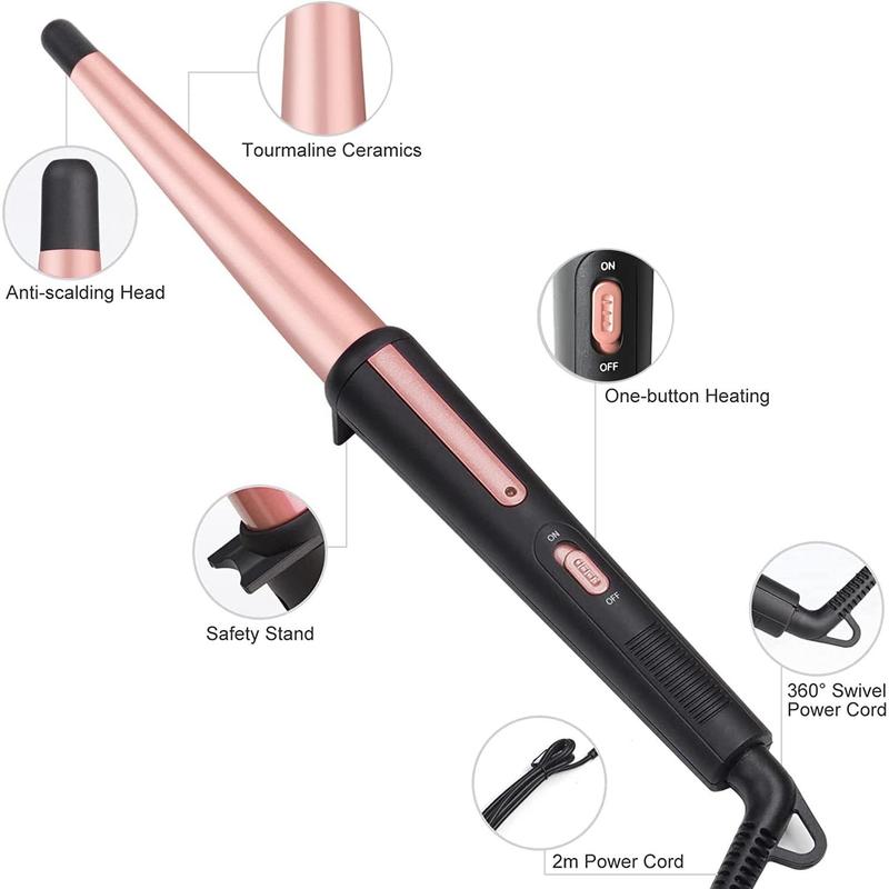 Hair Curling Wand, 0.5-1Inch Tapered Curling Iron, Professional Ceramic Hair Curler Wand with Heat-Resistant Glove, Dual Voltage (Pink)