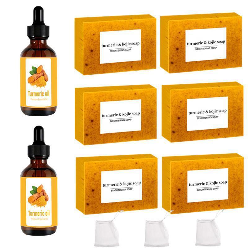 Turmeric Soap & Essential Oil Set, 1 Set Moisturizing and Cleaning Cold Pressed Soap with Bubble Net & Essential Oil, Facial & Body Care Products