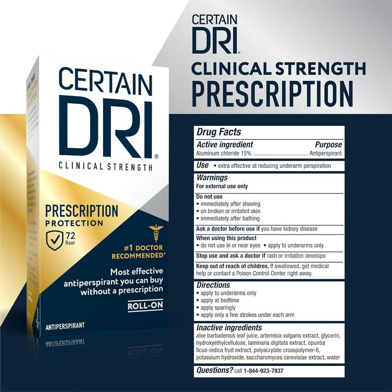 Certain Dri Prescription Strength Clinical Antiperspirant Roll-On Deodorant, Aluminum Chloride, 72Hr Protection, Fragrance Free, 1.2 Fl Oz