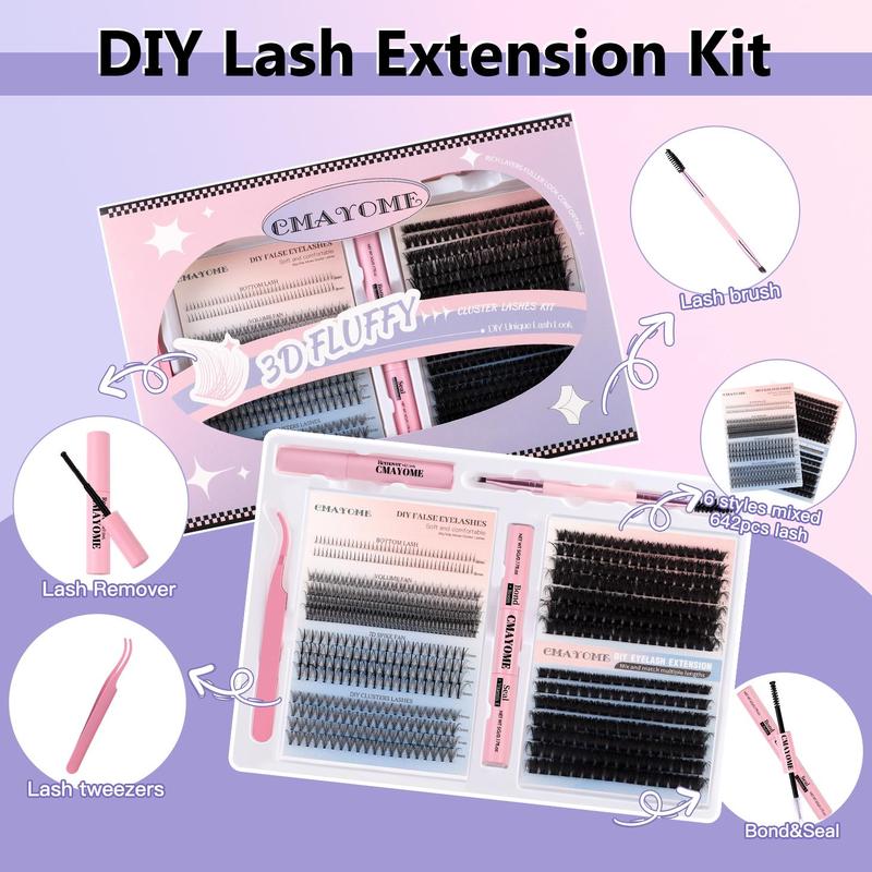 Natural Look Eyelash Extensions Kit, 642 Clusters Mixed Style & Length Individual Lashes with Tools, Professional Eye Makeup Accessories for Women, Christmas, Christmas Gift