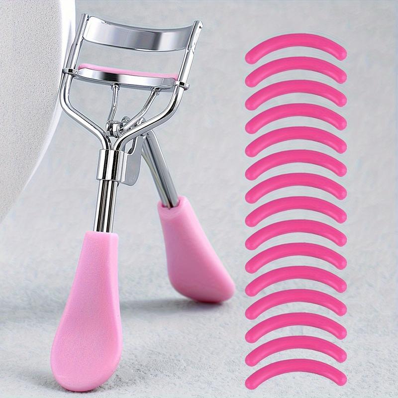 1 Portable Eyelash Curler with 15 Silicone Pads, Stainless Steel Curved Handle Eyelash Curler, Curl and Shape, No Damage to Eyelashes, Eyelash Lifting, Big Eyes, Suitable for Women's Eyelashes