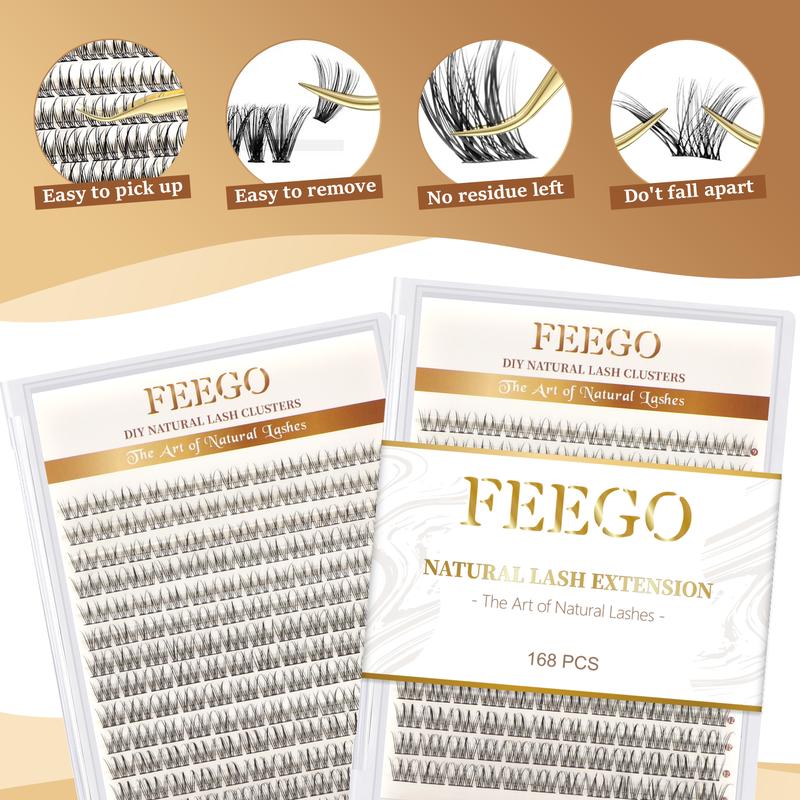 FEEGO Natural Lash Clear Band Cotton Band Clusters DIY 168 Pcs C Curl 9-12mm Eyelashes Extensions Wispy Individual Cluster Lashes Extension