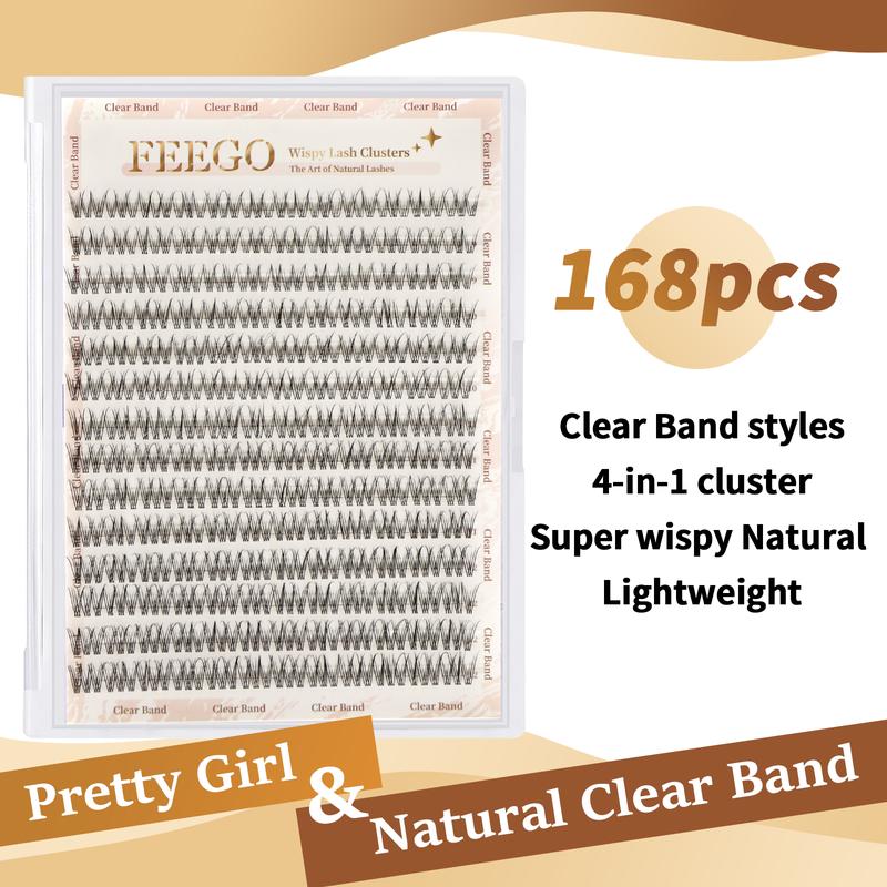 FEEGO Natural Lash Clear Band Cotton Band Clusters DIY 168 Pcs C Curl 9-12mm Eyelashes Extensions Wispy Individual Cluster Lashes Extension