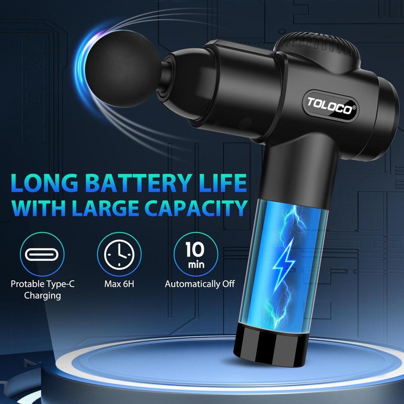 TOLOCO EM26 Massage Gun, sleek black design for deep tissue relief, features 10 massage heads and a silent motor  Comfort and perfect gift for anyone.