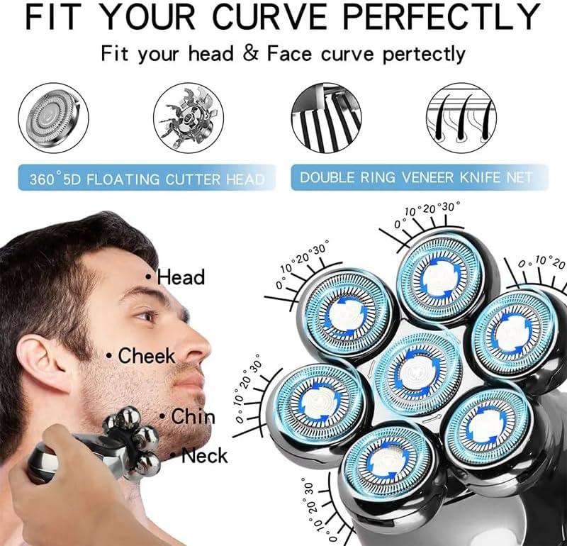 7D Electric Head Shaver for Bald Men, Upgrade 9-in-1 Floating Head Shaver with Nose Hair, Sideburns Trimmer, Face Brush, Waterproof Wet Dry, 7D Rotary Shaver with Type-C Charger and LED Display