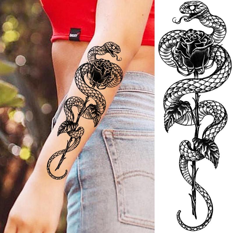 Snake & Flower Pattern Temporary Tattoo Sticker, 10pcs set Realistic Arm Tattoo Sticker, Body Decoration for Men & Women