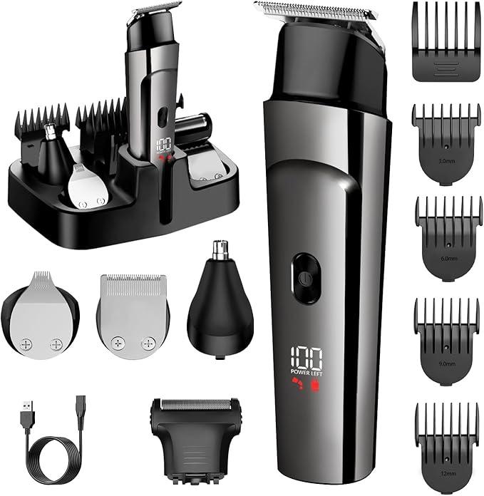 Beard Trimmer for Men - 5 in 1 Kit Electric Razor, Cordless Mustache Nose Hair Trimmer with LED Display, Waterproof Rechargeable Beard Shaver (X0048097DP)