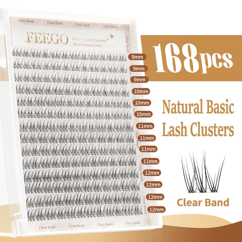 FEEGO Natural Lash Clear Band Cotton Band Clusters DIY 168 Pcs C Curl 9-12mm Eyelashes Extensions Wispy Individual Cluster Lashes Extension