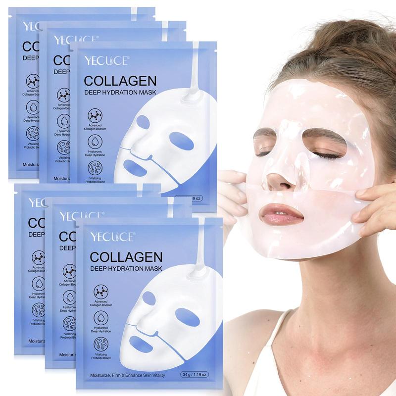 YECUCE Collagen Mask 6 Counts box, Deep Collagen Energy Boosting Mask, Rich in Marine Collagen, Small Molecule Collagen, Sheet Mask, Sleep Mask, Moisturizing, Brightening Skin, Tighten Skin, Tender Skin, Suitable for Most Skin Types