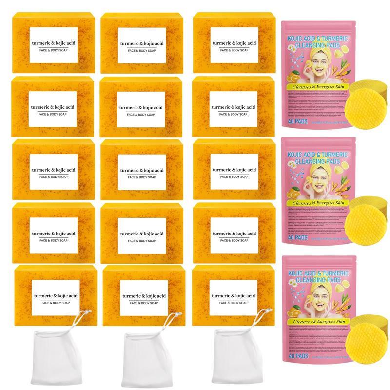 Turmeric Kojic Acid Soap & Cleansing Pads Set, 18pcs set Deep Cleansing & Moisturizing Skin Care Product for Men & Women All Skin Types