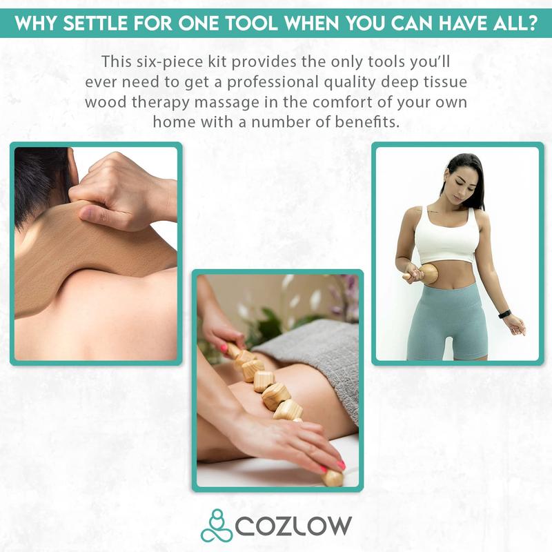 COZLOW 6-in-1 Wood Therapy Massage Tools, Professional Maderoterapia Kit for Body Shaping & Sculpting, Lymphatic Drainage Massage Rollers w Wooden Cup & Scraper for Reducing Cellulite Appearance