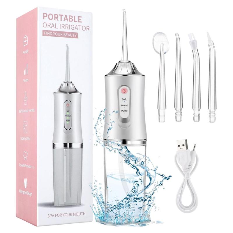 Rechargeable Oral Irrigator, 1 Box Portable Water Flosser with 3 Modes & 4 Replacement Heads, Water Flosser for Travel, Home Braces & Bridge Care for Christmas Gift