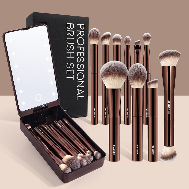 Professional Soft Makeup Brush Set with LED Light Storage Box, 10pcs set Makeup Brush with Comfortable Grip, Makeup Accessories for Women & Girls, Christmas Gift