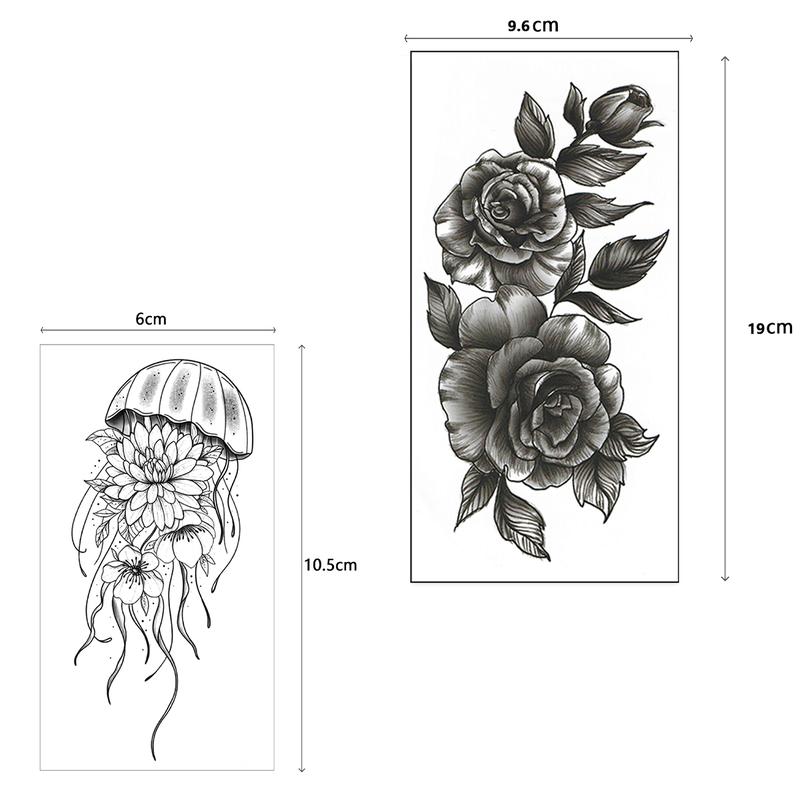 36 Sheets Realistic Black Rose Peony Flower Temporary Tattoos for Women Adults Body Art Arm, Snake Fake Floral Sketch Sleeve Tattoo Sticker