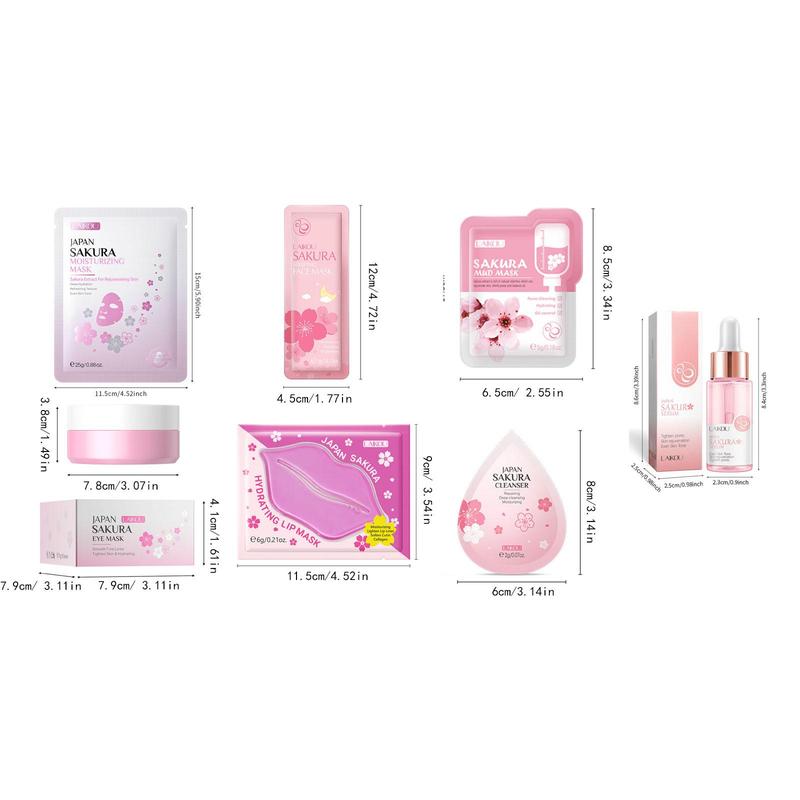 Sakura Skin Care Kit (1 Set), Facial Skin Care Kit, Including Eye Mask, Serum, Cream, Lip Mask, Sleeping Mask, Cleanser, Toner, Skin Care Kit for Women