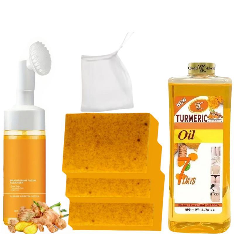 Turmeric Wash and Care Three PieceSet, Turmeric massage oil, TurmericCleansing Mousse, Turmeric SoapFacial Cleansing Skincare，FacialCleansing Cleanser，Body cleansing soap，Body massage oil