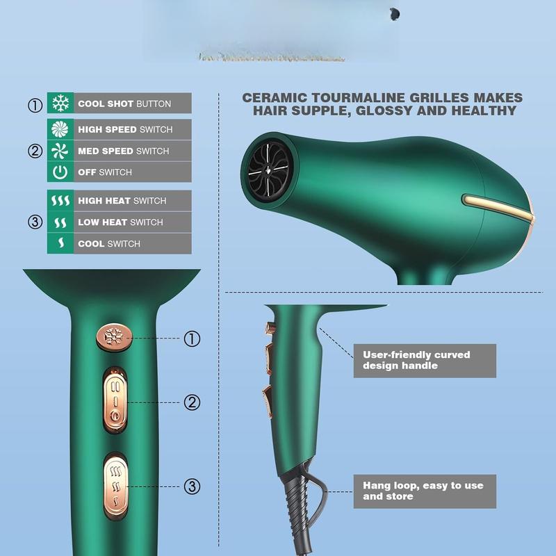 Pro Ionic Salon Hair Dryer, Blow Dryer, 2000 Watt with AC ,Quick Drying Hairdryers Diffuser Fast Dryer Lightweight  Soft Touch  -Green &