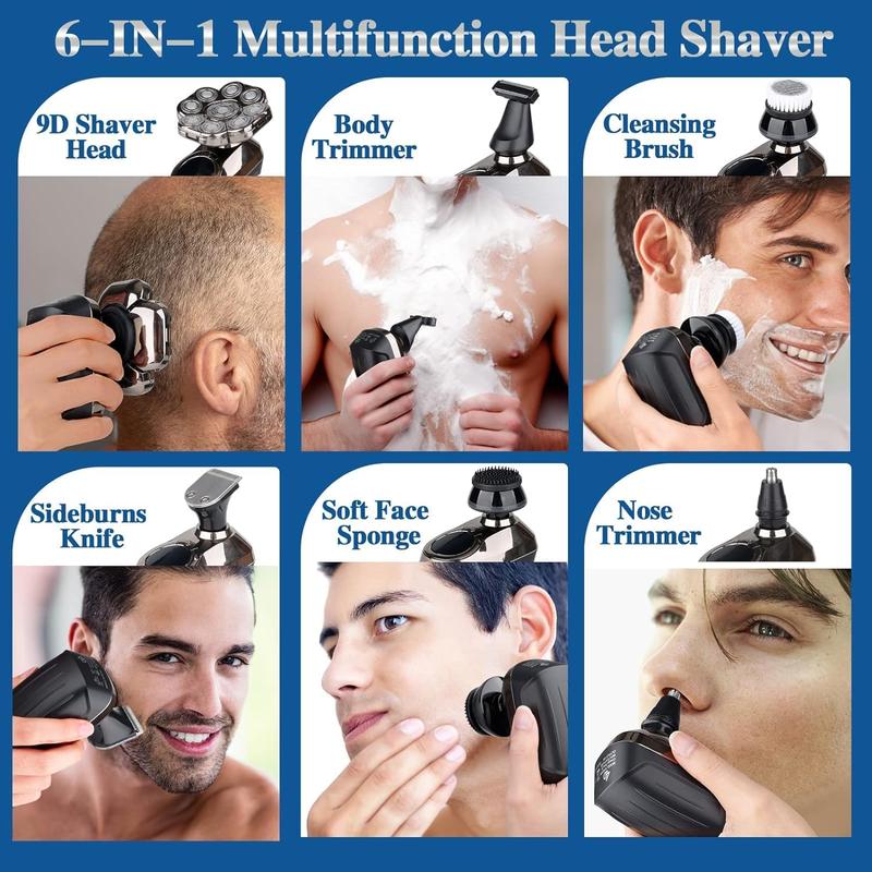 9D  Shavers for Bald Men, Upgraded 6-in-1 Mens  Kit, Detachable Bald  Shavers for Men, Wet Dry LED Display, Travel Lock Electric Razor for Men with Type-C Charge