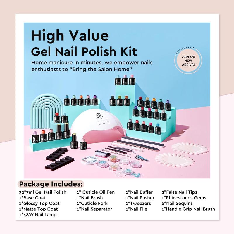 MEFA Gel Nail Polish Kit with U V Light 54 Pcs, 32 Colors Classic Popular Gel Nail Kit Soak Off Nail Polish Gel Set with Base Matte Glossy Top Coat Nail Art Decorations Manicure Tools DIY Salon Gifts