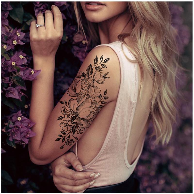 36 Sheets Realistic Black Rose Peony Flower Temporary Tattoos for Women Adults Body Art Arm, Snake Fake Floral Sketch Sleeve Tattoo Sticker