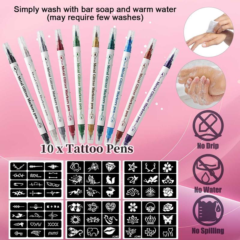 Body Face Art Tattooing Marker Pen Kit, 10pcs Temporary Tattoo Marker Pen & 6 Sheets Tattoo Stencils, Body Makeup Tool for Women & Men