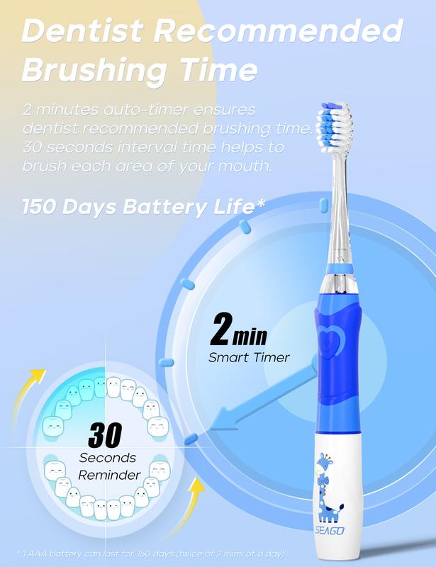 Seago Electric Toothbrushes  for Kids Childrens Battery Toothbrush with Timer Colorful Flashing Light 4 Brush Heads for Childs