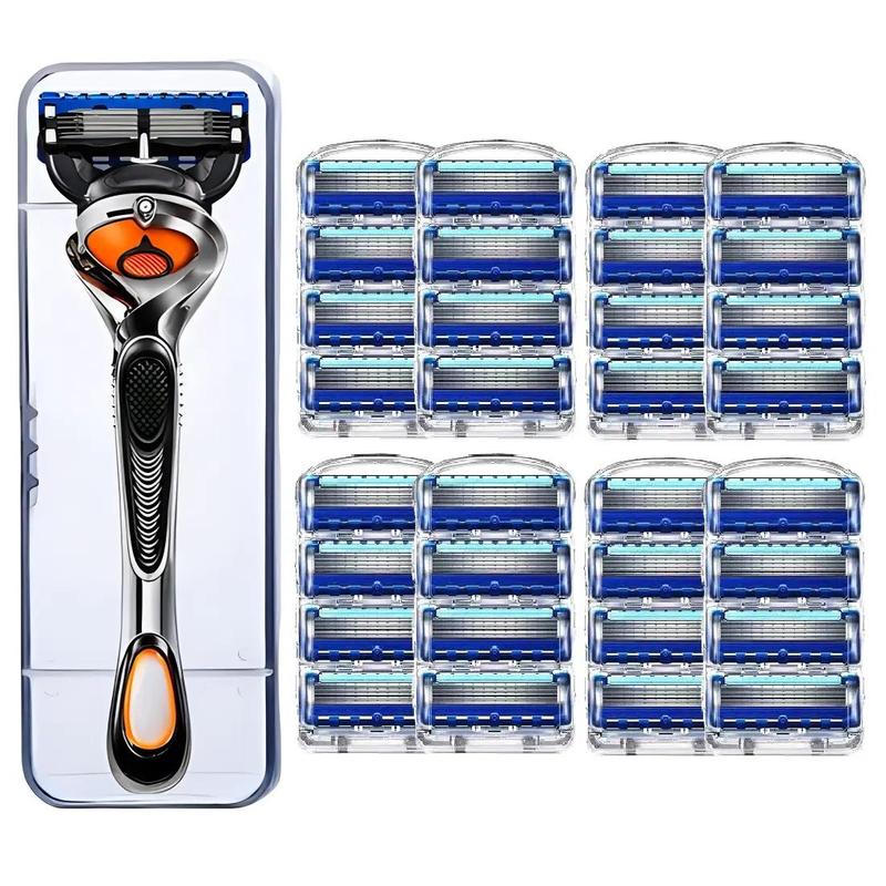 Men's 5 Layer Manual Razor Set, 1 Count Razor Handle & 32pcs Replacement Blade for All Skin Types, Shaving Tool Kit for Men, Christmas Gift