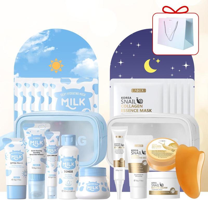 Milk & Snail    Collagen Skincare Gift Set, 1 Set Facial Cleanser & Sunscreen & Toner & Eye Cream & Face Mask & Makeup Bag & Scraper, Skin Care Kit for Women