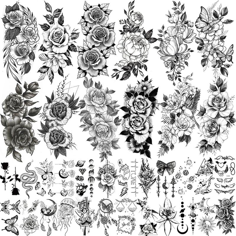 36 Sheets Realistic Black Rose Peony Flower Temporary Tattoos for Women Adults Body Art Arm, Snake Fake Floral Sketch Sleeve Tattoo Sticker