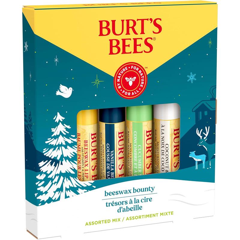 Burt's Bees Christmas Gifts, 4 Lip Balm Stocking Stuffers Products, Assorted Mix Set - Classic Beeswax, Vanilla, Cucumber Mint & Coconut and Pear (4-Pack)