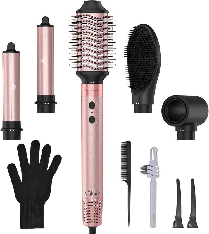 Hair Dryer Brush, 5 in 1 Blow Dryer Brush with Negative Ion, Detachable and Interchangeable Brush Blow Dryer for Straightening Curling Drying Combing Scalp Massage Styling, Hot Air Brush with Glove