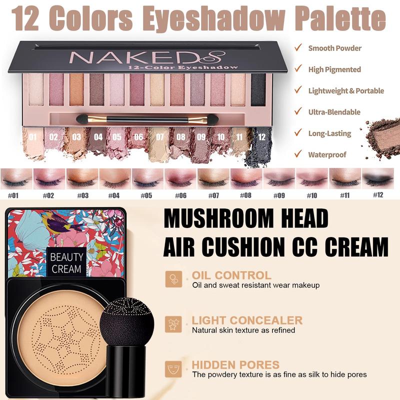 All in One makeup kit, includes Naked eyeshadow, liquid foundation, CC Cream, lipstick set, mascara, makeup brush, makeup sponge, eyebrow powder, eyebrow soap, eyeliner stamp, primer, contour stick, cosmetic bag changzu