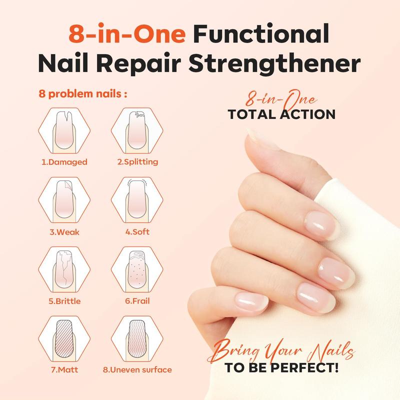 Nail Strengthener, 8-in-One Nail Ridge Filler Base Coat Nail Polish Repair Nail Growth Treatment for Thin and Damaged Nails, Pure Bliss, 15ml