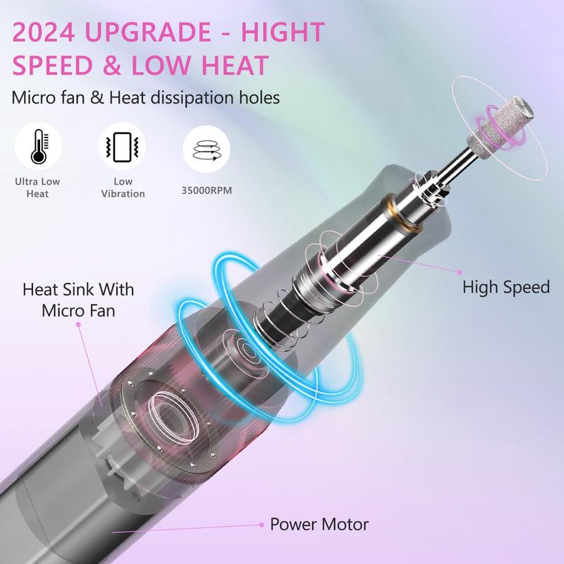 Rechargeable Nail Drill, 35000RPM Electric Nail File Machine Professional Acrylic Gel Nails Remover with Drill Bits, Portable Efiler Manicure Supplies for Polishing Grinding, Home Salon Use Aluminum Nail Art Nail Care Cordless Set Cutics