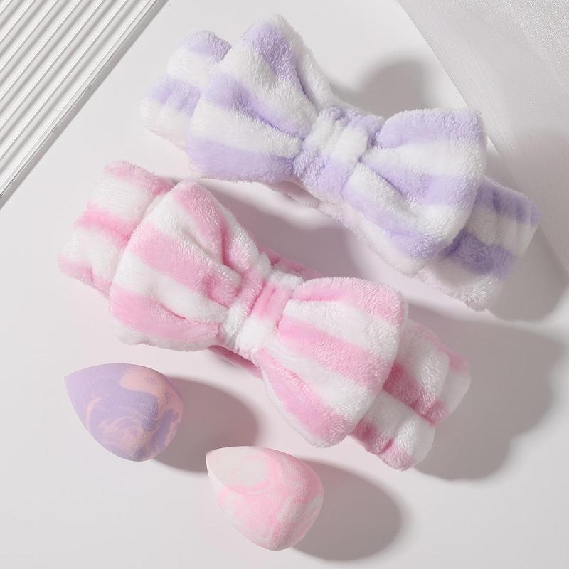 2pcs Mixed Color Soft Makeup Sponges & 2pcs Fluffy Bowknot Decor Headbands, Fashion Makeup Tools For Women & Girls