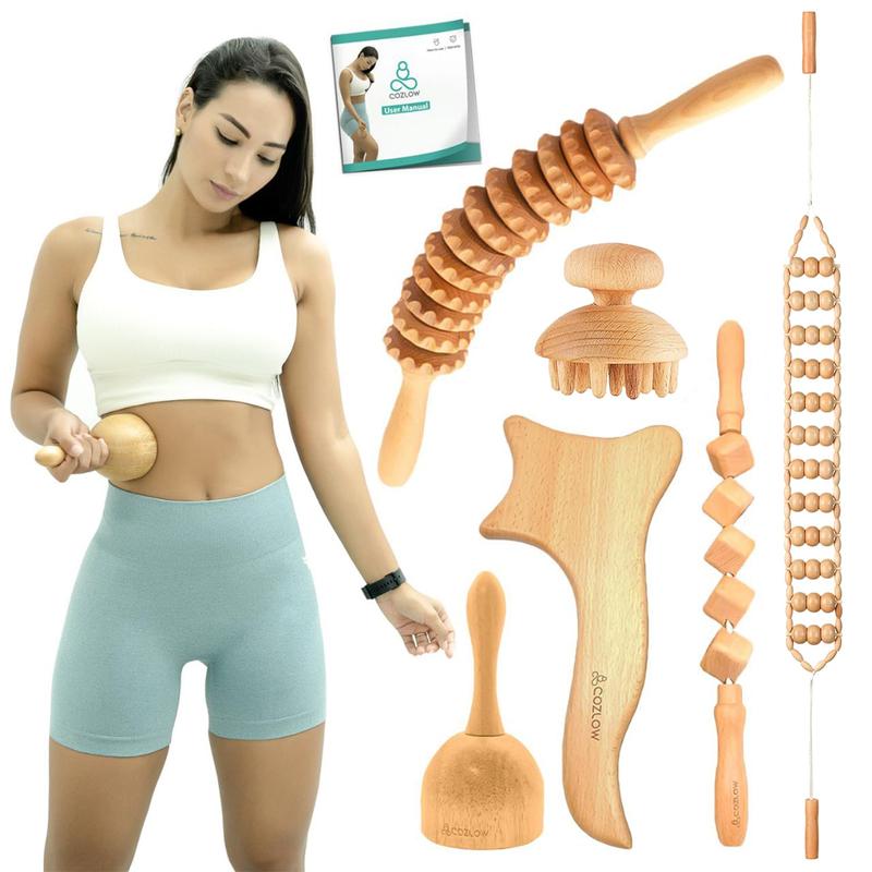 COZLOW 6-in-1 Wood Therapy Massage Tools, Professional Maderoterapia Kit for Body Shaping & Sculpting, Lymphatic Drainage Massage Rollers w Wooden Cup & Scraper for Reducing Cellulite Appearance