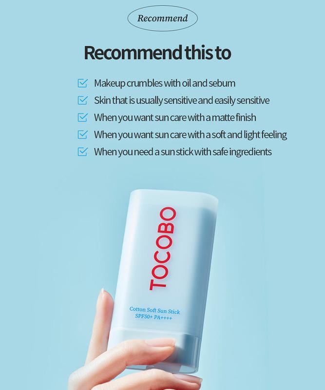 TOCOBO Cotton Soft Sun Stick SPF50 PA++++, 19g, Korean Sunscreen Facial Skincare Comfort Skin Repair