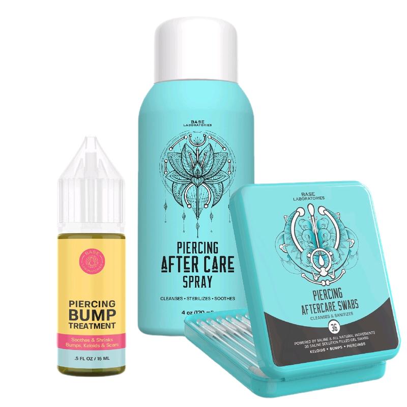 Base Laboratories  Ultimate Healing Piercing Aftercare Kit | Piercing Aftercare Spray (4oz) + Keloid Bump Removal Oil (.5 oz) + Piercing Cleaner Gel Swabs (36CT) | Saline Solution for Piercings Ear, Nose, Body