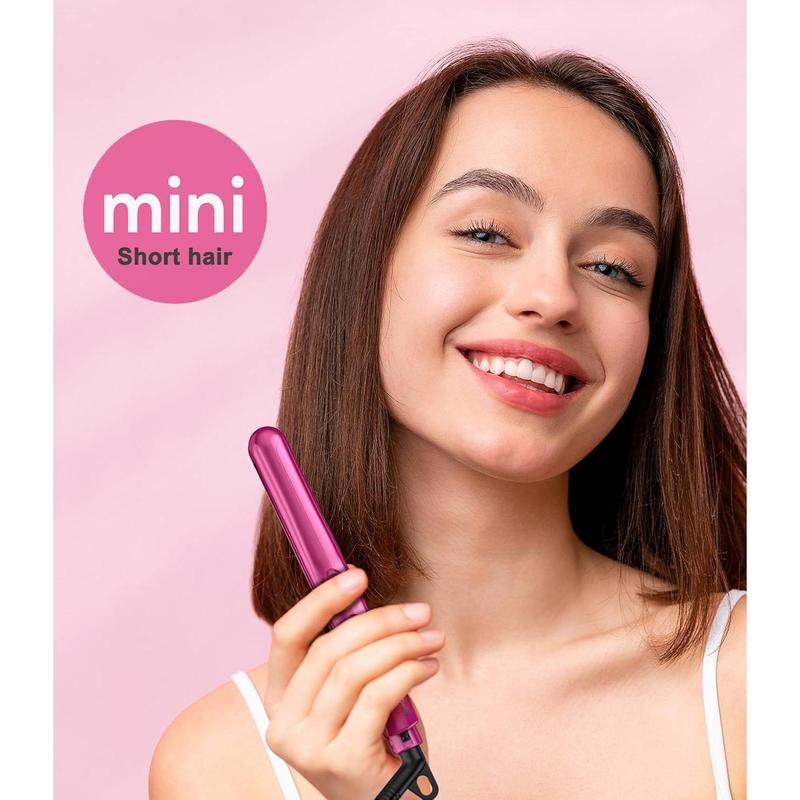 Mini Flat Iron for Travel, 1 2'' Small Hair Straightener for Short Hair Bangs, 0.5'' Portable Ceramic Straightening Irons, Dual Voltage, Pouch Included, Compact Size, Pink