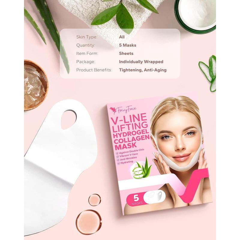 FairyFace V Line Lifting Mask, 5 Count Double Chin Reducer, Lifting Hydrogel Collagen Mask with Aloe Vera and Seaweed, Hydrating and Anti-aging, Creating a V-shaped Face Full of Vitality