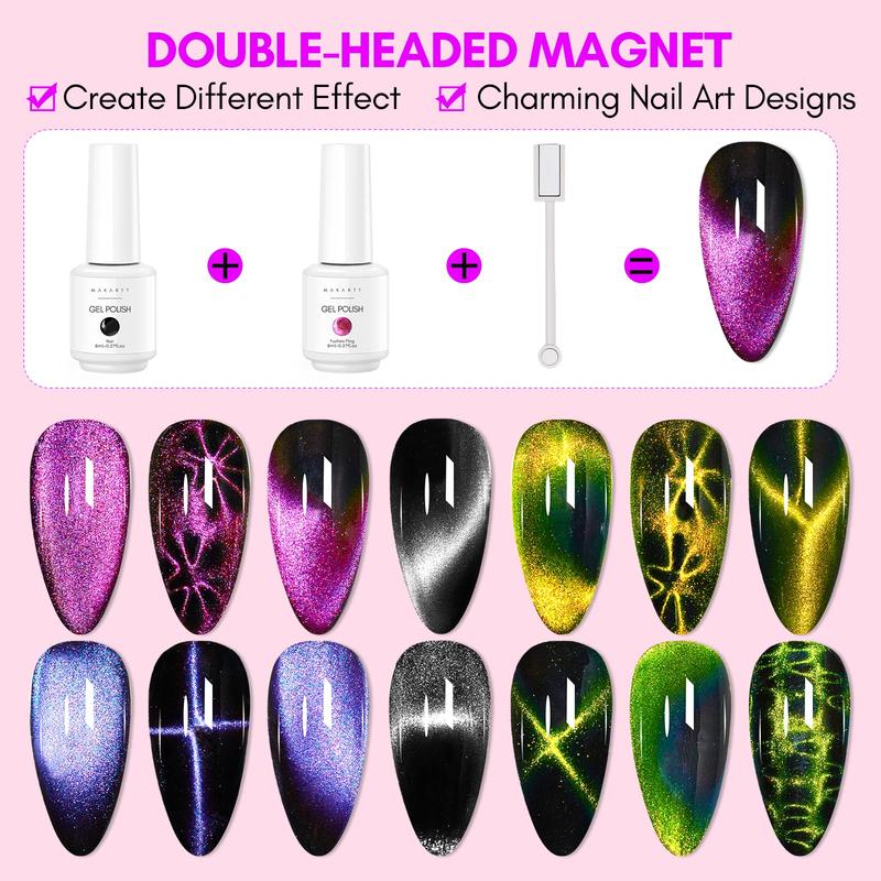 Makartt 9D Magnetic Cat Eye Gel Polish Set - 6 Colors (Yellow, Purple, Silver, Rose Red, Green, Black Hole) with Magnet Stick, 8ml Nail Nail Art