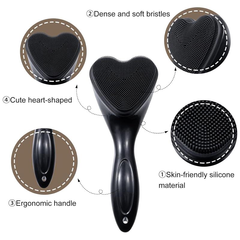 Silicone Facial Scrub Exfoliating Brush, 2-Pack Manual Handheld Cleansing Brush Blackhead Brush, Soft Bristle Waterproof for Facial Skin Care (Black, Heart Shape)