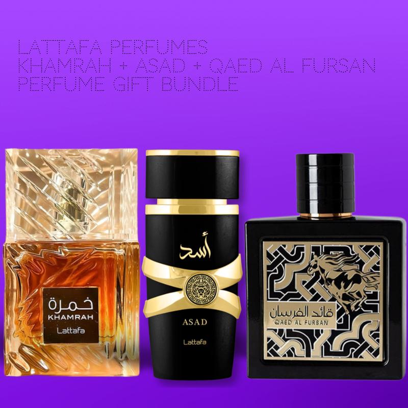 Lattafa Perfumes Khamrah + Asad + Qaed Al Fursan 100ml (3.4 Fl oz) Long Lasting Perfume - Value Bundle - Fragrance Gift Bundle