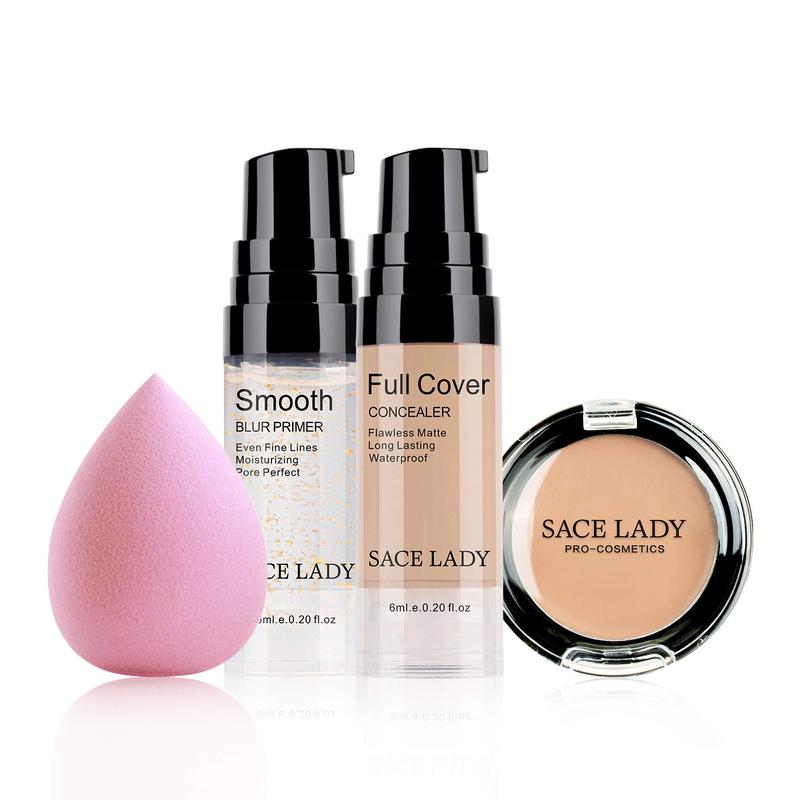 Waterproof full coverage concealer makeup kit with primer sponge-matte liquid foundation for face, eye, and acne scar cover