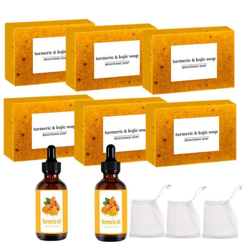 Turmeric Soap & Essential Oil Set, 6 Counts Turmeric Soap Bar & 2 Counts Turmeric Essential Oil & 3 Counts Foaming Net, Moisturizing Skin Care Set