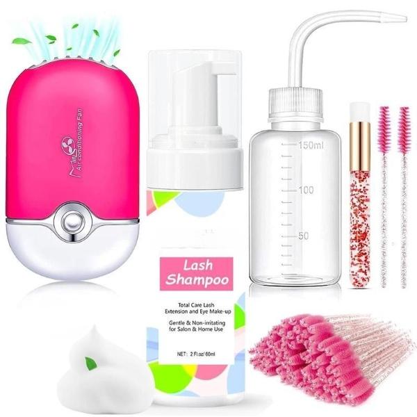 Lash Shampoo for Extensions - Complete Lash Cleaning Kit with Fan Dryer and Cleanser - Eyelash Extension Aftercare Kit, Rose