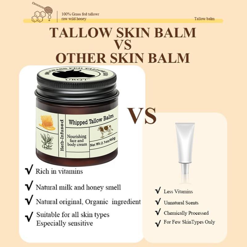 Beef Tallow for Skin - Organic Grass-Fed Whipped Beef Tallow and Honey Balm - Deeply Moisturizing for Face & Body - Natural Skin Care for Soft, Supple Skin