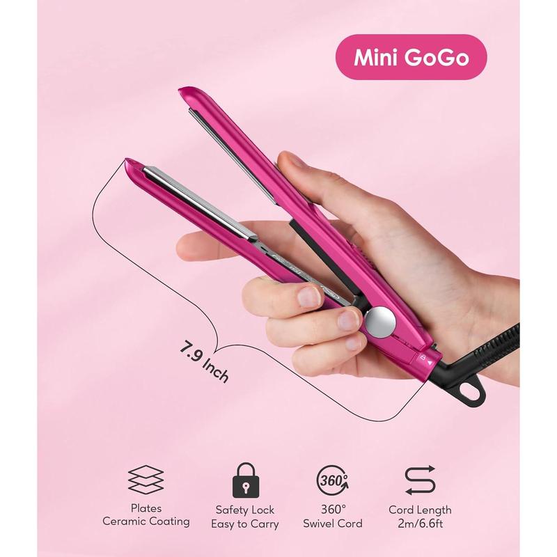 Mini Flat Iron for Travel, 1 2'' Small Hair Straightener for Short Hair Bangs, 0.5'' Portable Ceramic Straightening Irons, Dual Voltage, Pouch Included, Compact Size, Pink