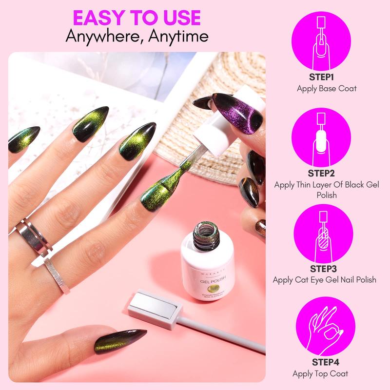 Makartt 9D Magnetic Cat Eye Gel Polish Set - 6 Colors (Yellow, Purple, Silver, Rose Red, Green, Black Hole) with Magnet Stick, 8ml Nail Nail Art